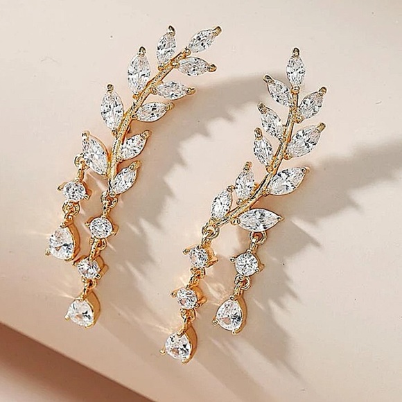 Gold Zircon Leaf Tassel Ear Climber Crystal Rhinestone Earrings - Picture 9 of 10